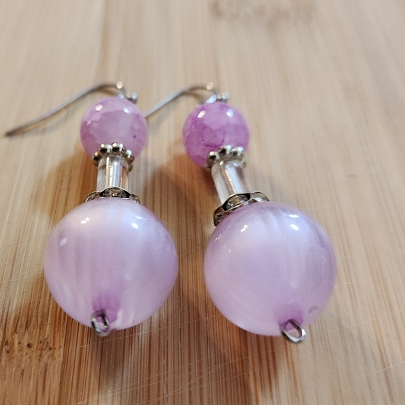 Hand Crafted Pink Beaded Pierced Earrings Dangle Crystal Silver Accents - Picture 2 of 5